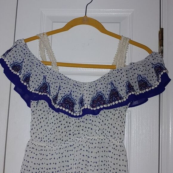 Jolt white blue off the shoulder boho top Sz XS - Picture 3 of 6